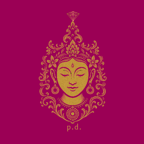 Goldener weiblicher Buddha auf magentafarbenem Hintergrund – Logo von Pink Diamond
